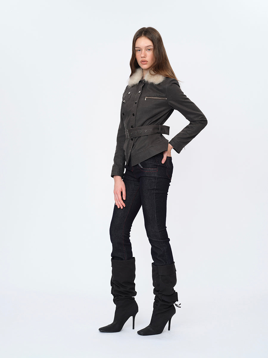 Dotyears Gray Crop Coat with Faux Fur Collar