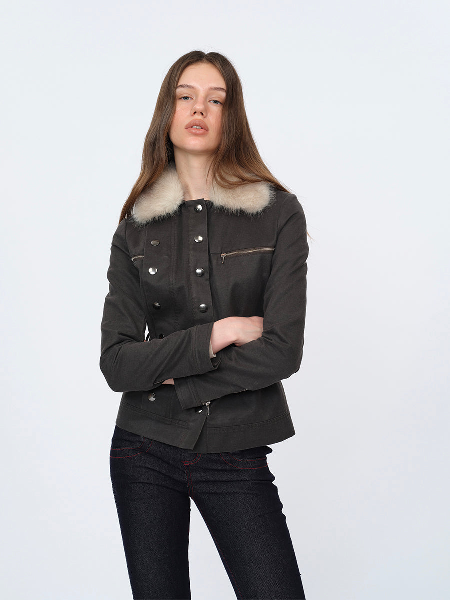 Dotyears Gray Crop Coat with Faux Fur Collar