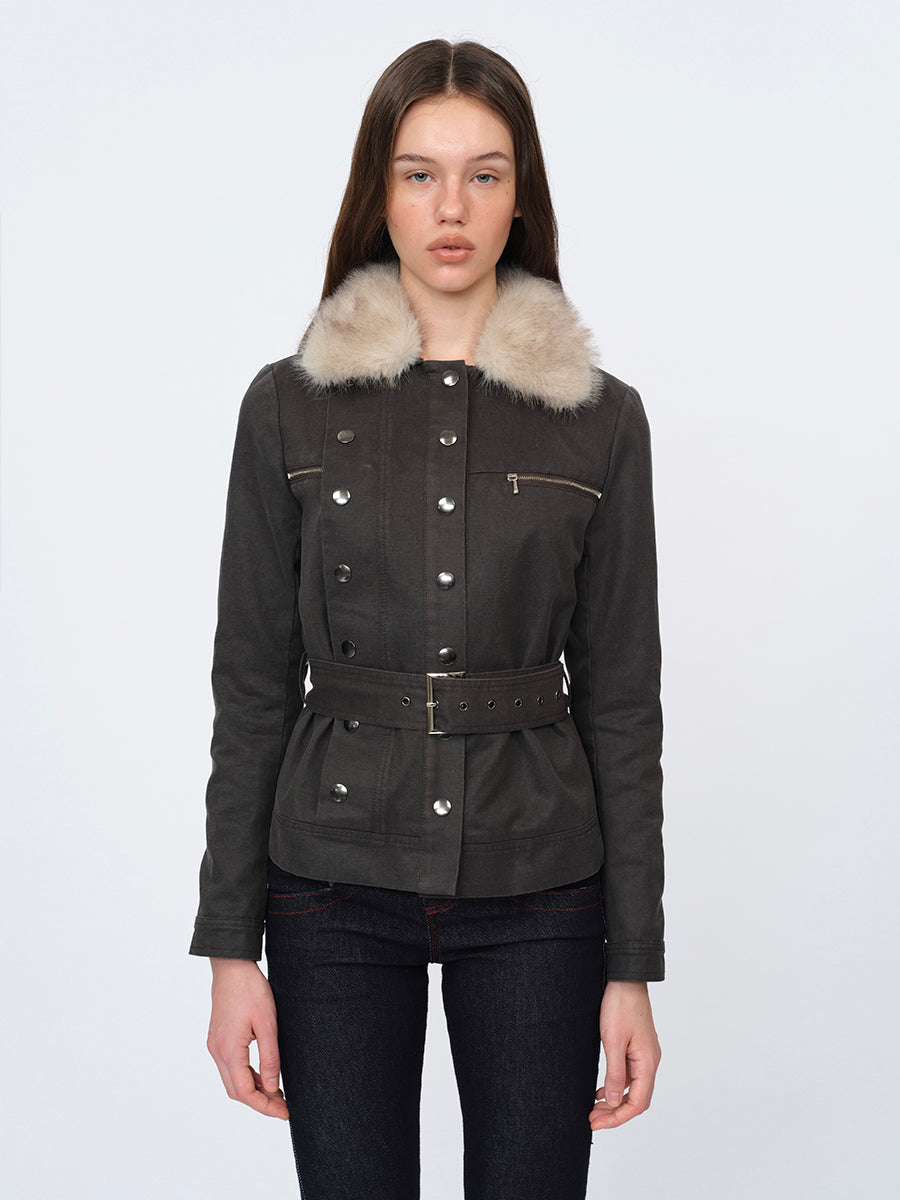 Dotyears Gray Crop Coat with Faux Fur Collar