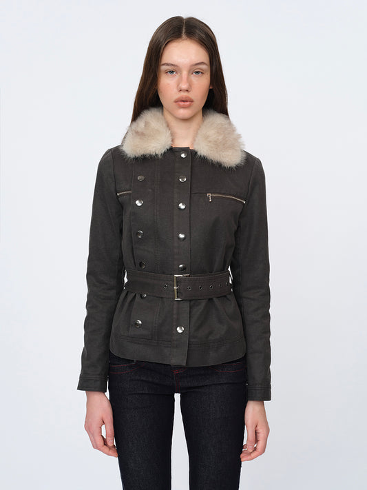 Dotyears Gray Crop Coat with Faux Fur Collar