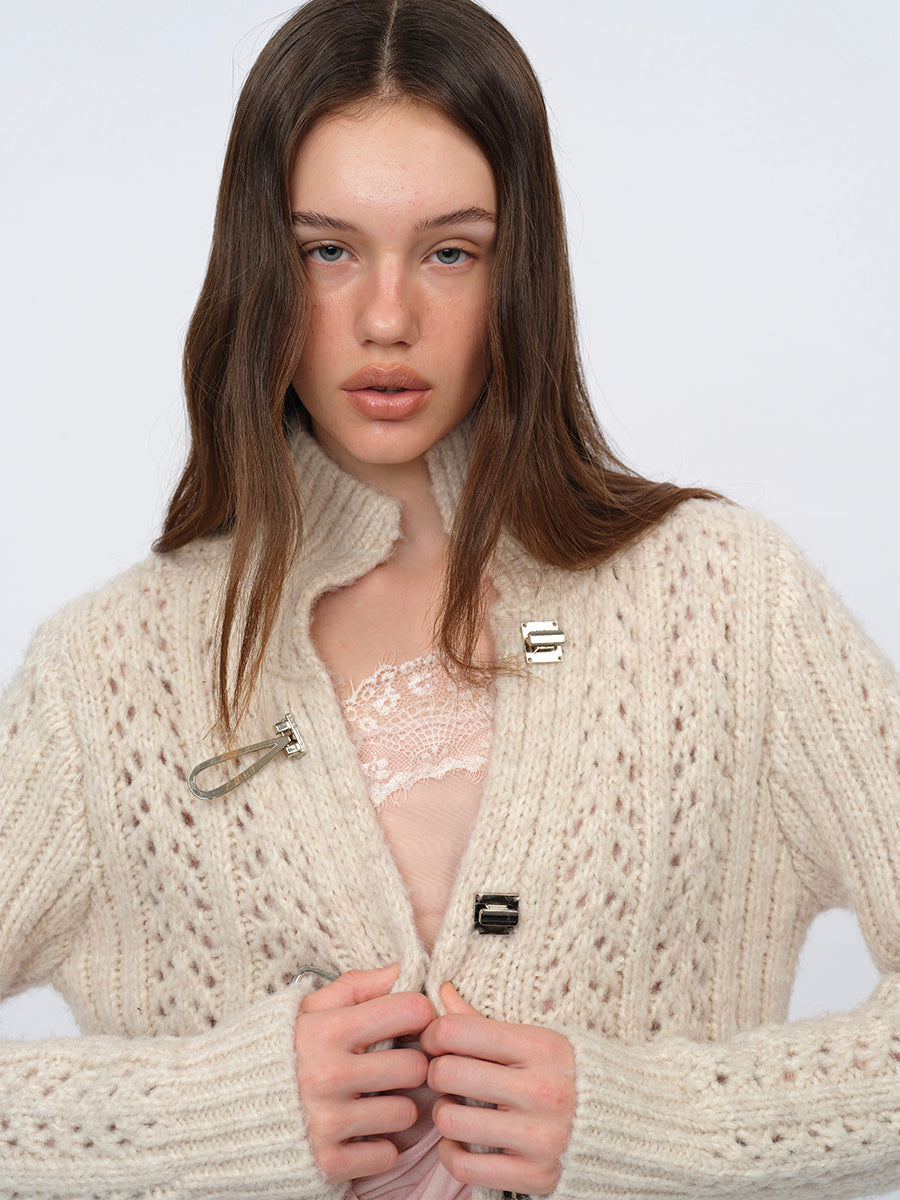 Dotyears Two-Tone Openwork Chunky Knit Cardigan with Wooden Buttons