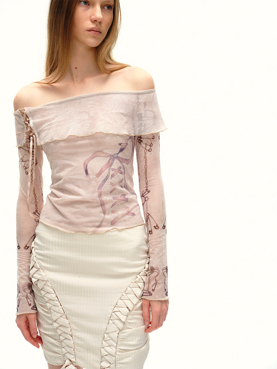 Dotyears24AW Niche design hand-painted original mesh print one-shoulder top