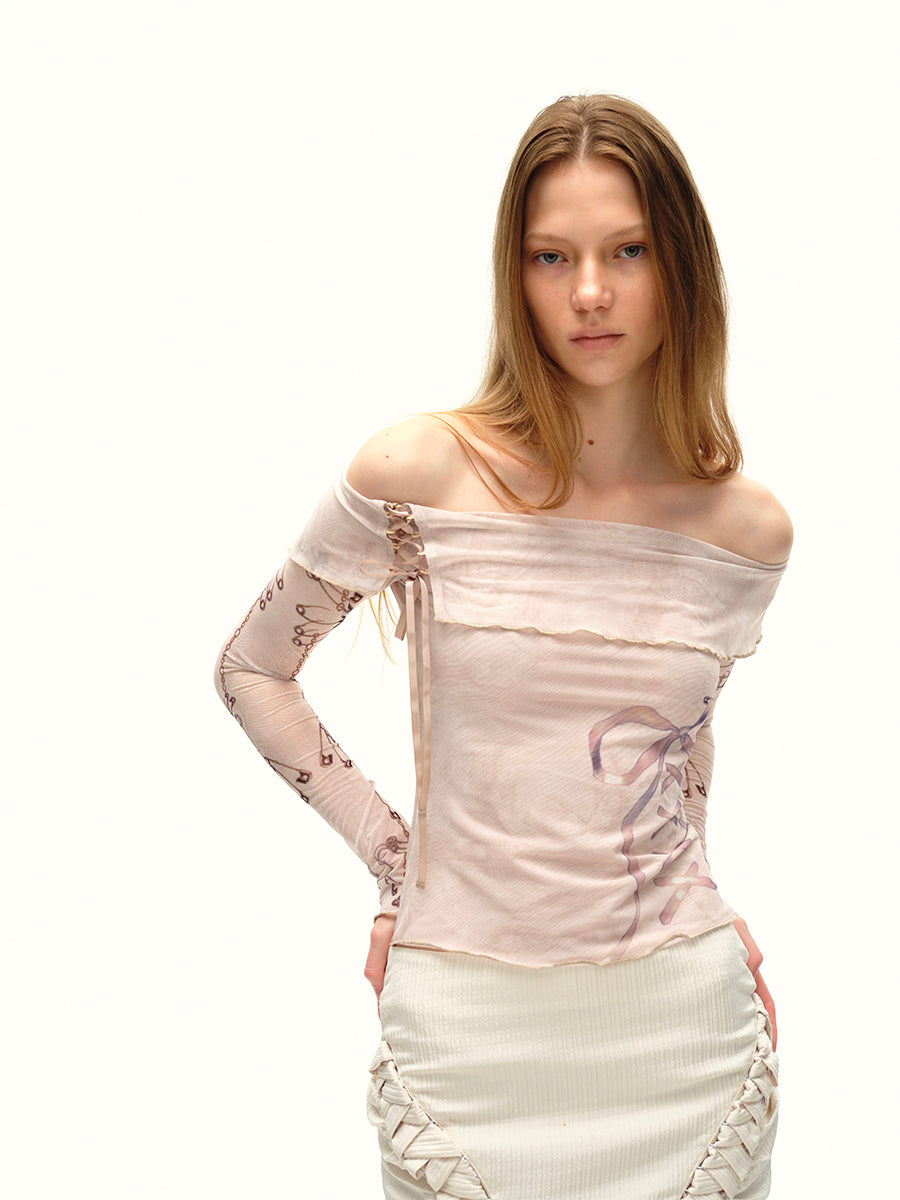 Dotyears24AW Niche design hand-painted original mesh print one-shoulder top