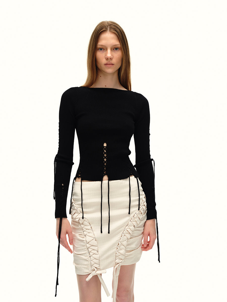 Dotyears24AW The niche original design two-color black coffee wears a lace-up sweater on the front and back