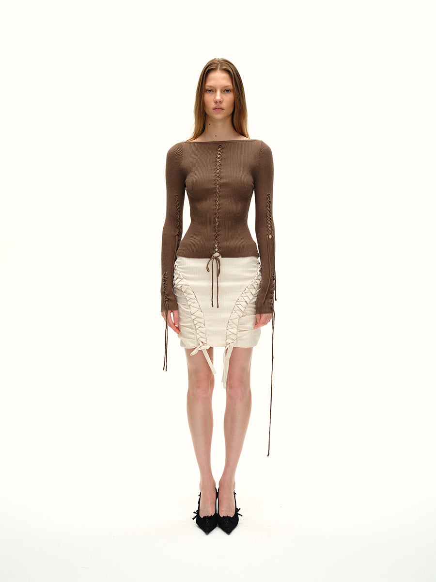 Dotyears24AW The niche original design two-color black coffee wears a lace-up sweater on the front and back