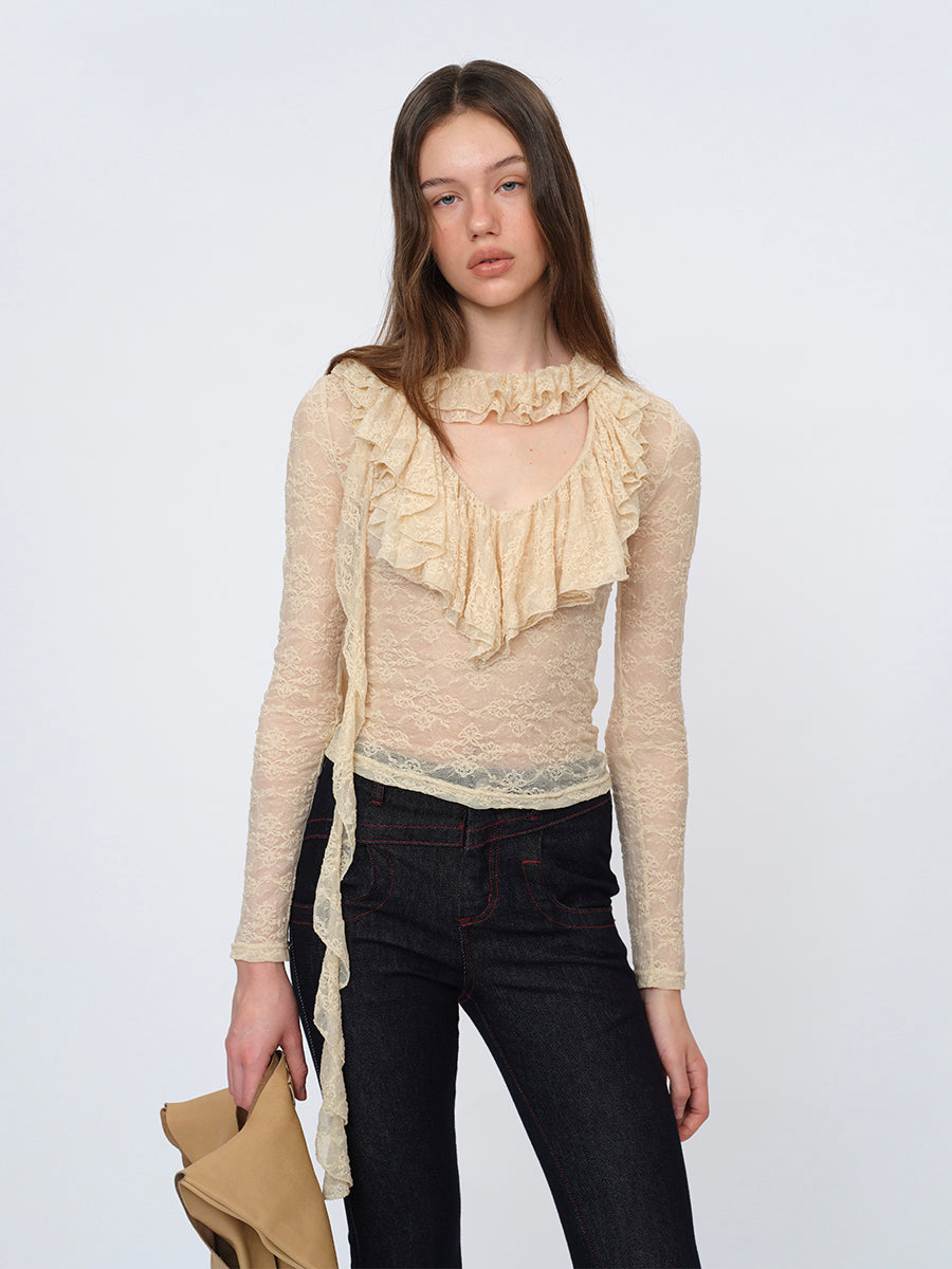 Dotyears Extended-Length Beige Top with Lace Trim