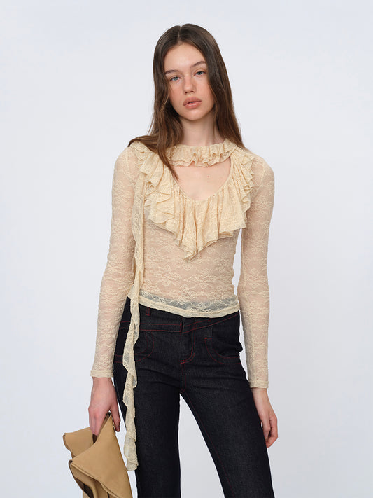 Dotyears Extended-Length Beige Top with Lace Trim