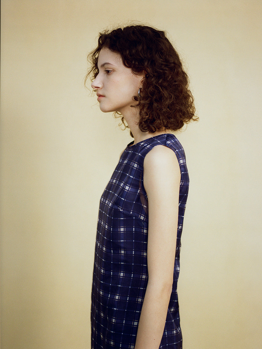 Hughum Purple vintage plaid print mesh turtleneck dress