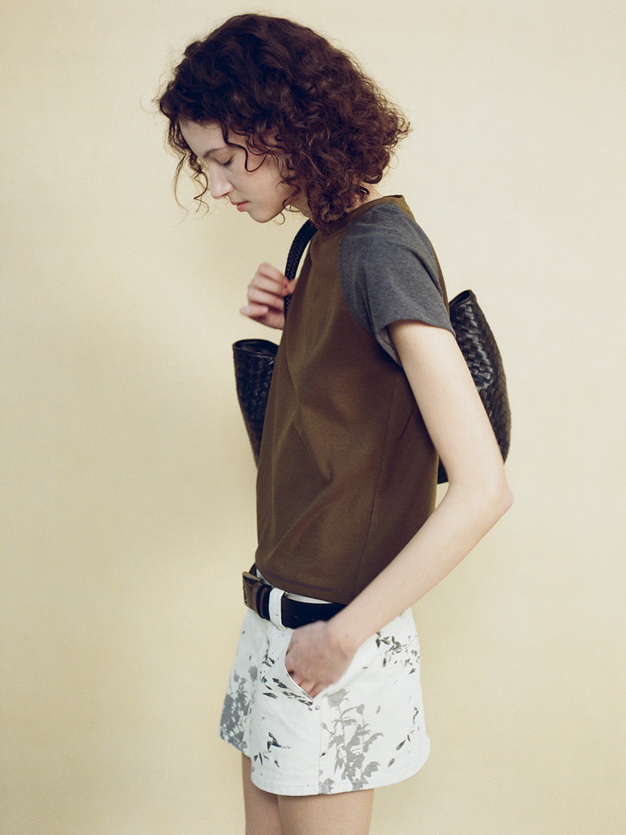 Hughum Raglan Sleeve Color-Blocked Cotton-Feel Short-Sleeve T-Shirt