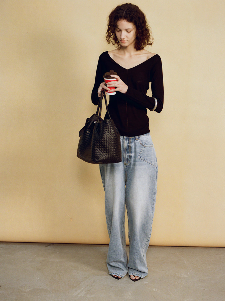 Hughum V-neck Tencel knit cut-out yellow black long sleeves