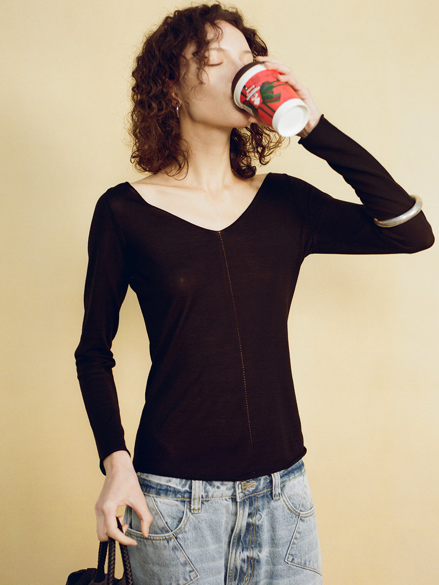 Hughum V-neck Tencel knit cut-out yellow black long sleeves