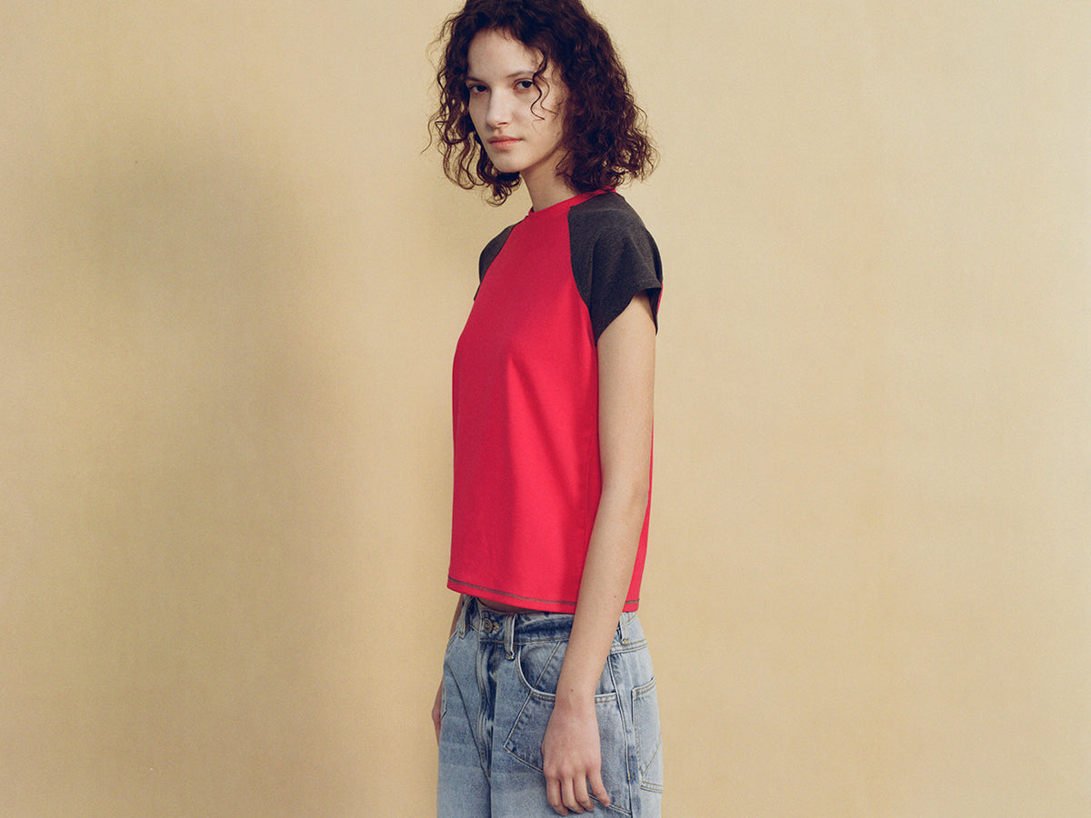 Hughum Raglan Sleeve Color-Blocked Cotton-Feel Short-Sleeve T-Shirt